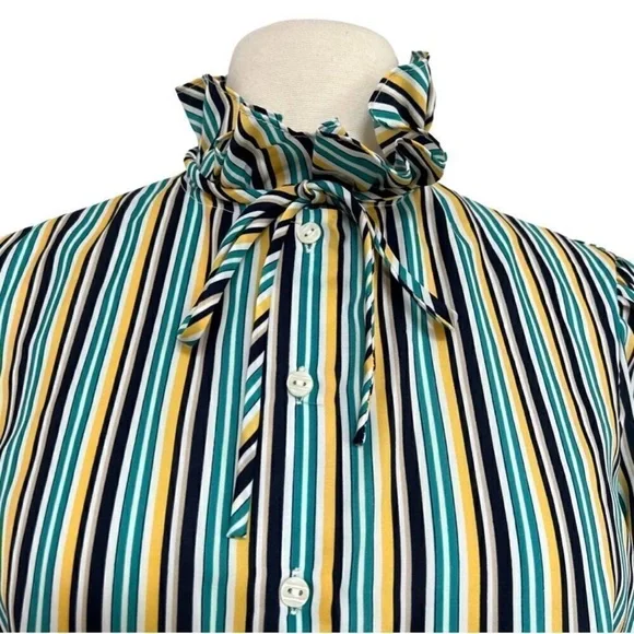 EUC Unique Vintage 70s/80s Ruffle Mock Neck Striped Button Down Blouse Women’s L - Picture 3 of 12